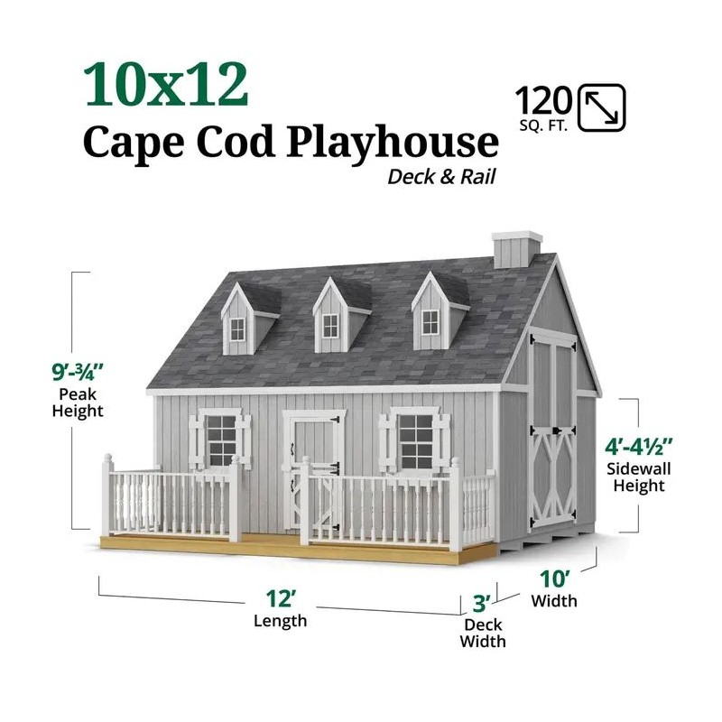 Little Cottage Co. 10x12 Cape Cod Panelized Wood Playhouse Kit with Floor, Deck & Rail - (10x12 CCP-PNK-FK-DR)