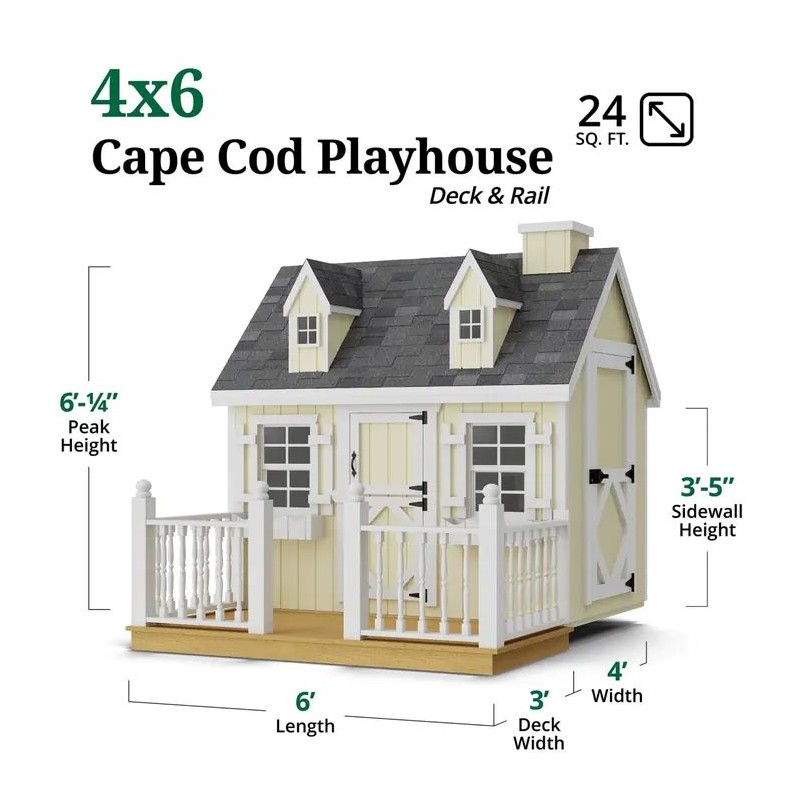 Little Cottage Co. 4x6 Cape Cod Panelized Wood Playhouse Kit with Floor, Deck & Rail - (4x6 CCP-PNK-FK-DR)