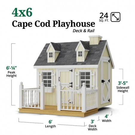Little Cottage Co. 4x6 Cape Cod Panelized Wood Playhouse Kit with Floor, Deck & Rail - (4x6 CCP-PNK-FK-DR)