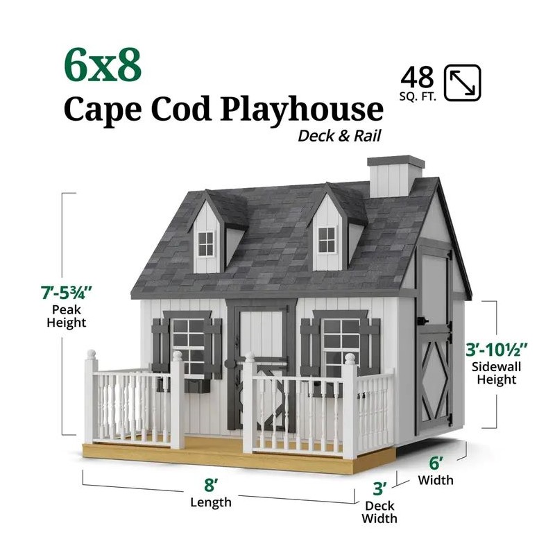 Little Cottage Co. 6x8 Cape Cod Panelized Wood Playhouse Kit with Loft, Floor, Deck & Rail - (6x8 CCP-PNK-FK-DR-LFT)