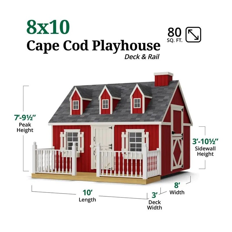 Little Cottage Co. 8x10 Cape Cod Panelized Wood Playhouse Kit with Loft, Floor, Deck & Rail - (8x10 CCP-PNK-FK-DR-LFT)