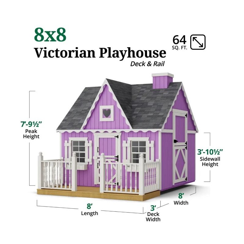 Little Cottage Co. 8x8 Victorian Wood Panelize Playhouse Kit with Loft, Deck & Rail - (8x8 VP-PNK-DR-LFT)