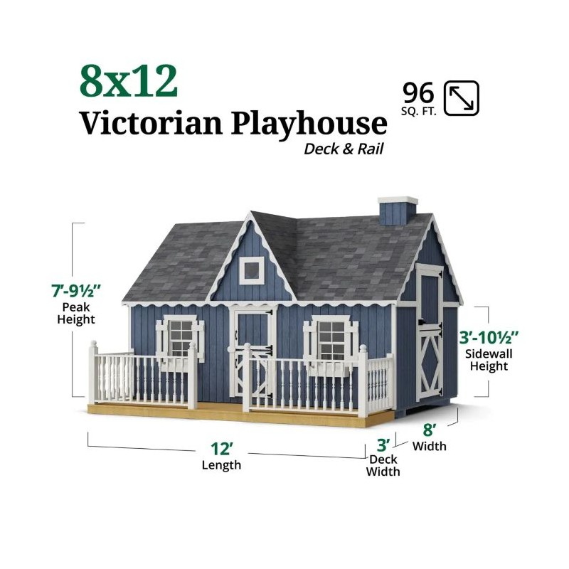 Little Cottage Co. 8x12 Victorian Wood Panelize Playhouse Kit with Loft, Deck & Rail - (8x12 VP-PNK-DR-LFT)