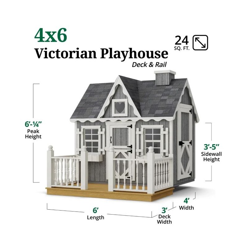 Little Cottage Co. 4x6 Victorian Wood Playhouse Kit with Floor, Deck & Rail - (4x6 VP-PNK-FK-DR)
