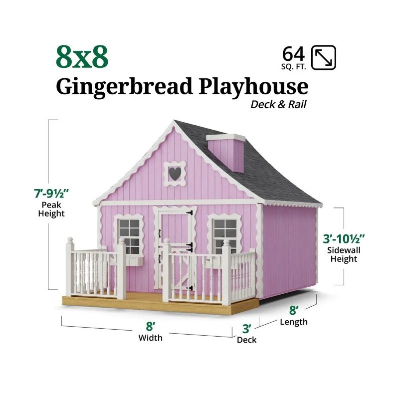 Little Cottage Co. 8x8 Gingerbread Cottage Wood Playhouse Kit with Deck & Rail - (8x8 GBP-PNK-DR)