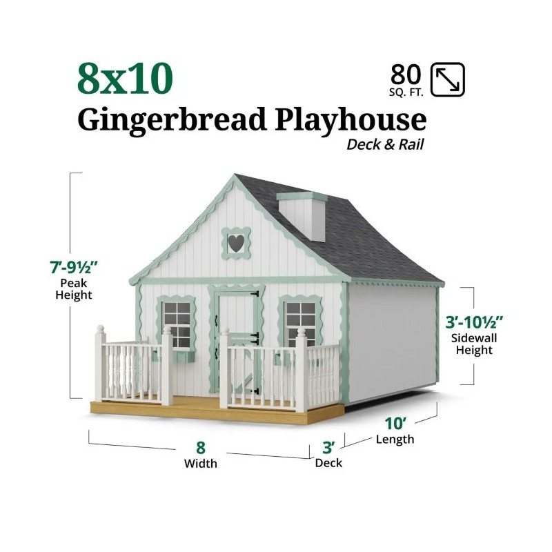 Little Cottage Co. 8x10 Gingerbread Cottage Wood Playhouse Kit with Loft, Deck & Rail - (8x10 GBP-PNK-DR-LFT)