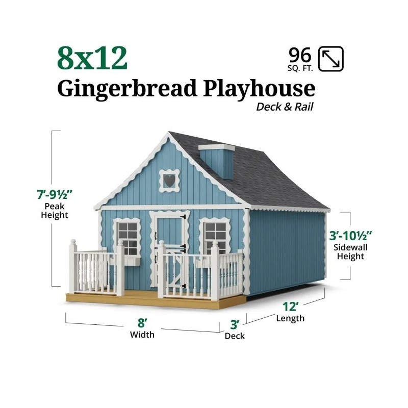 Little Cottage Co. 8x12 Gingerbread Cottage Wood Playhouse Kit with Loft, Deck & Rail - (8x12 GBP-PNK-DR-LFT)
