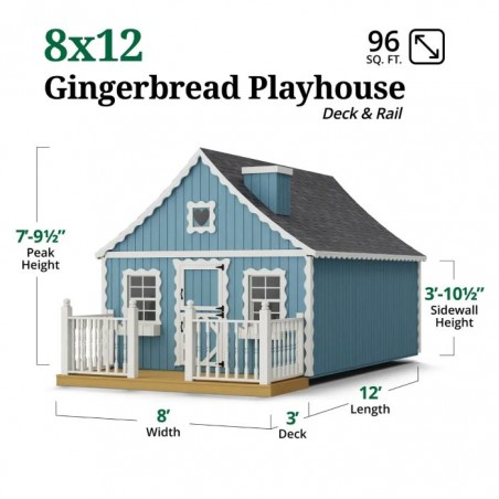 Little Cottage Co. 8x12 Gingerbread Cottage Wood Playhouse Kit with Loft, Deck & Rail - (8x12 GBP-PNK-DR-LFT)