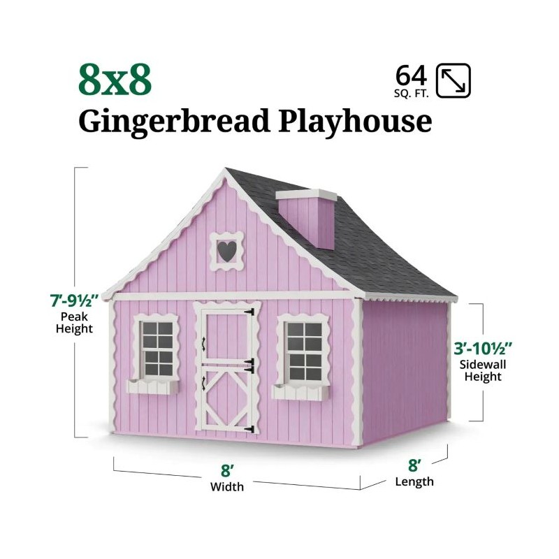 Little Cottage Co. 8x8 Gingerbread Cottage Wood Playhouse Kit with Floor - (8x8 GBP-PNK-FK)