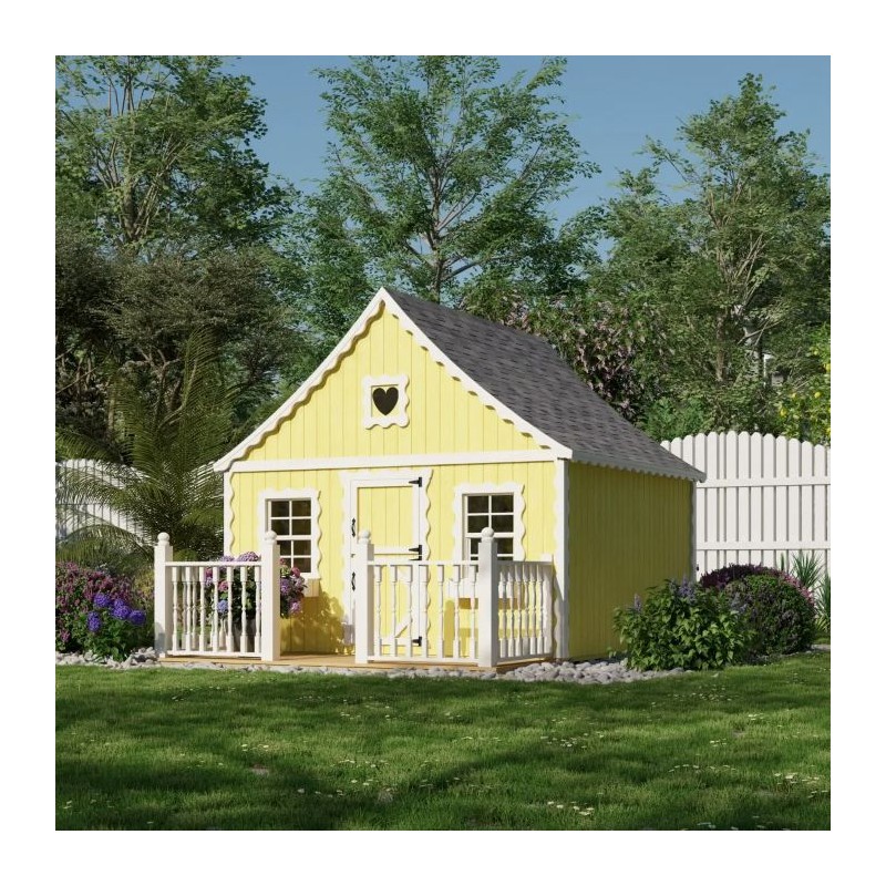 Little Cottage Co. 8x8 Gingerbread Cottage Wood Playhouse Kit with Floor, Deck & Rail - (8x8 GBP-PNK-FK-DR)