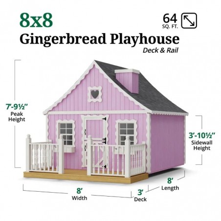 Little Cottage Co. 8x8 Gingerbread Cottage Wood Playhouse Kit with Floor, Deck & Rail - (8x8 GBP-PNK-FK-DR)