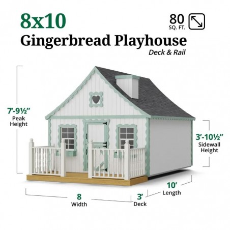 Little Cottage Co. 8x10 Gingerbread Cottage Wood Playhouse Kit with Floor, Deck & Rail - (8x10 GBP-PNK-FK-DR)