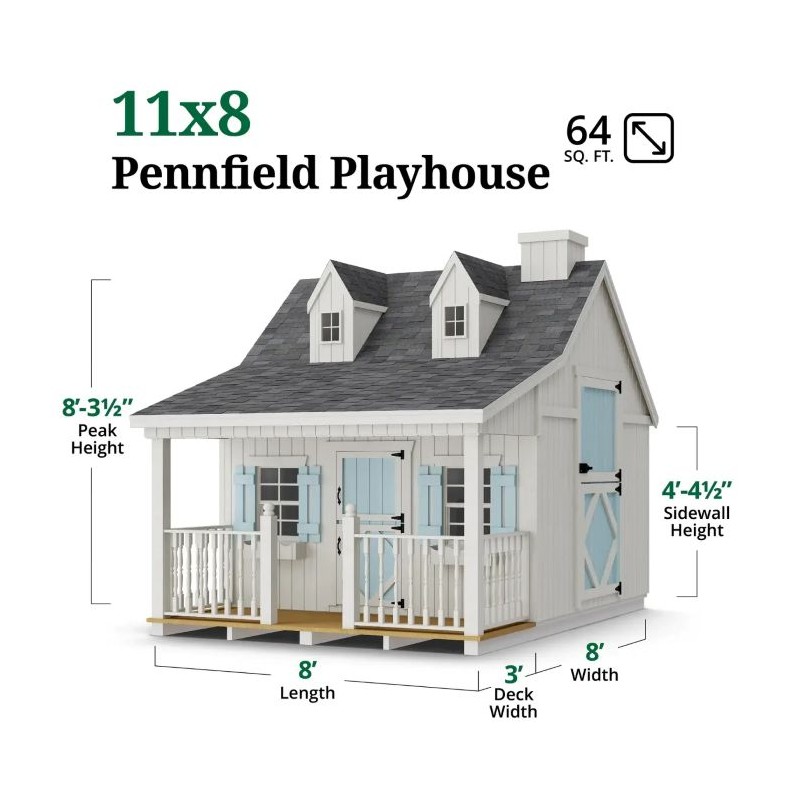 Little Cottage Co. 11x8 Pennfield Cottage Wood Playhouse Kit with Porch - (11x8 PC-PNK)