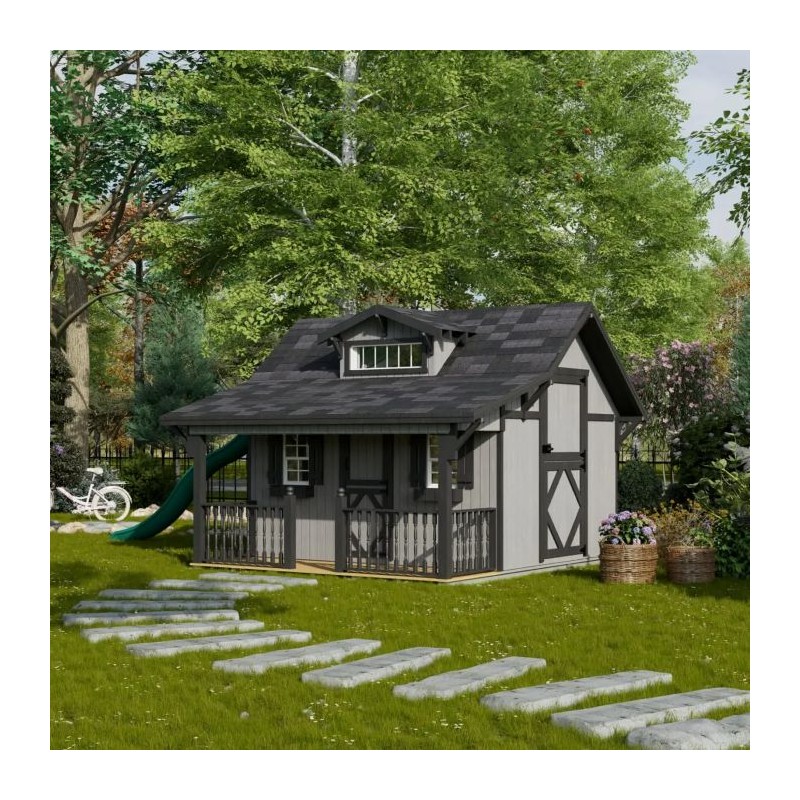 Little Cottage Co. 11x10 Craftsman Wood Playhouse Kit with Porch & Slide - (11x10 CMP-PNK)