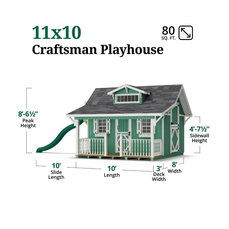 Little Cottage Co. 11x10 Craftsman Wood Playhouse Kit with Porch & Slide - (11x10 CMP-PNK)