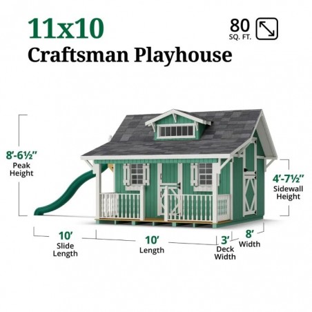 Little Cottage Co. 11x10 Craftsman Wood Playhouse Kit with Porch & Slide - (11x10 CMP-PNK)