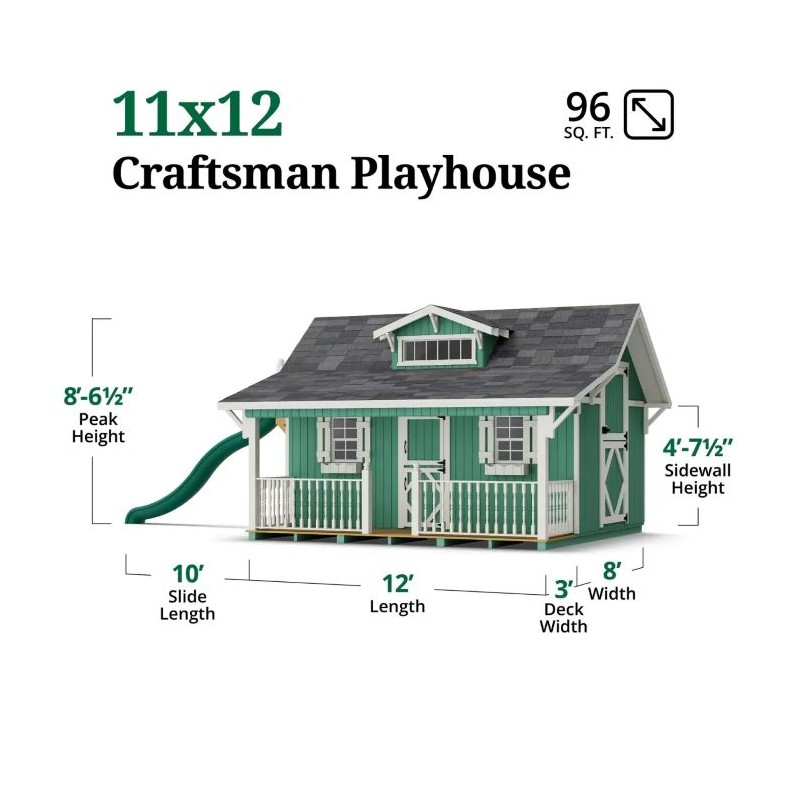 Little Cottage Co. 11x12 Craftsman Wood Playhouse Kit with Porch & Slide - (11x12 CMP-PNK)