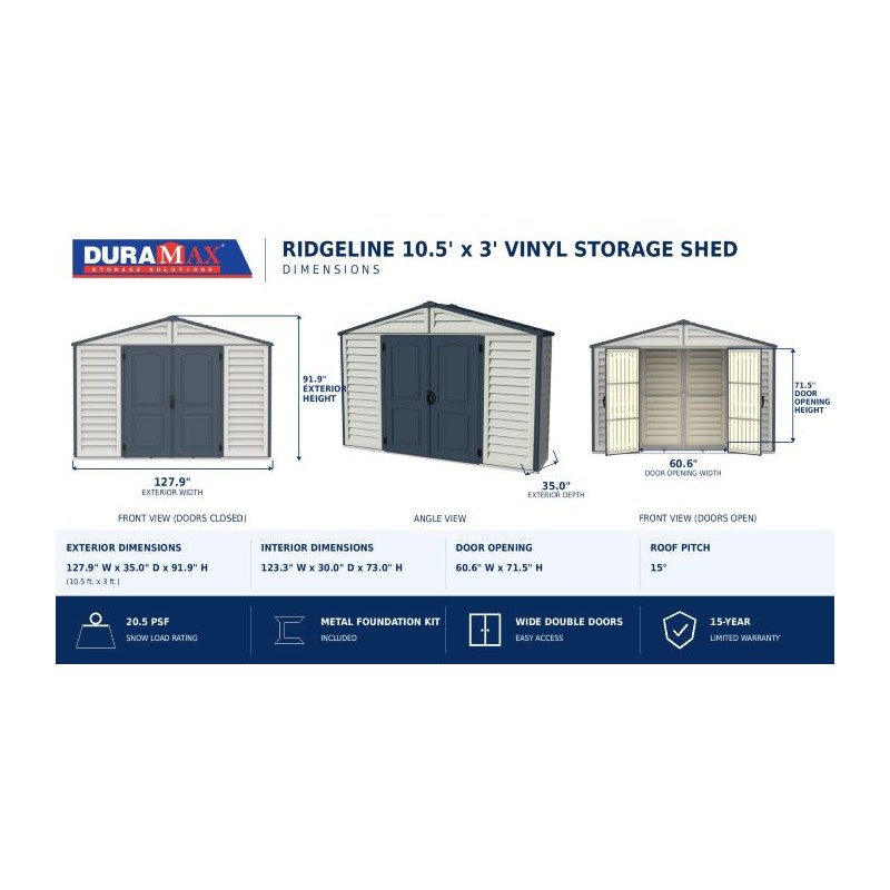 Duramax 10x3 RidgeLine Vinyl Storage Shed Kit - (10103)