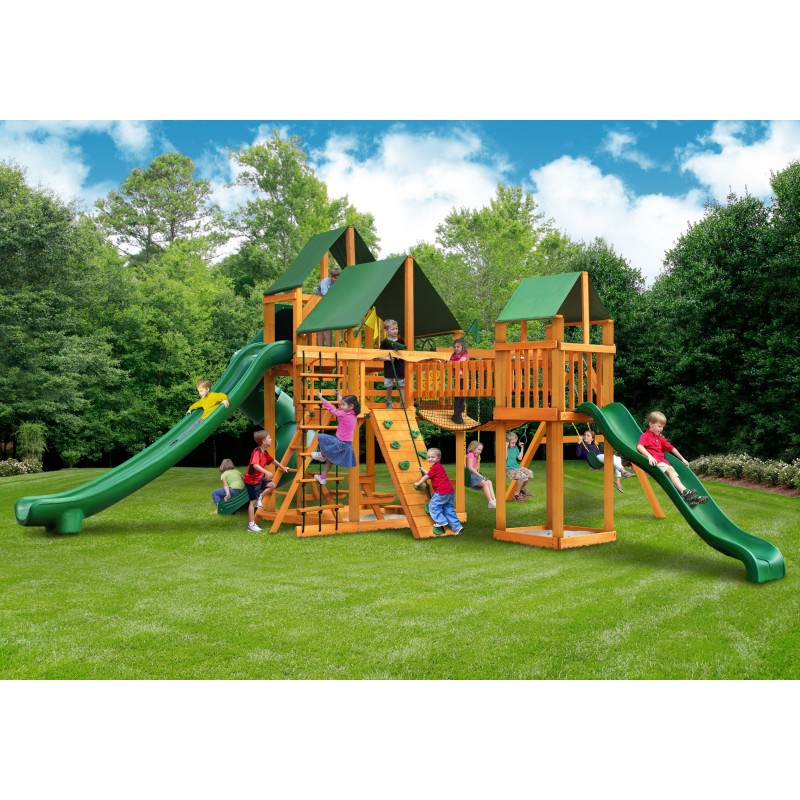 Gorilla Treasure Trove II Cedar Wood Swing Set Kit w/ Amber Posts & SunbrellaÂ® Forest Green Canopy  - Amber (01-1034-AP-2)