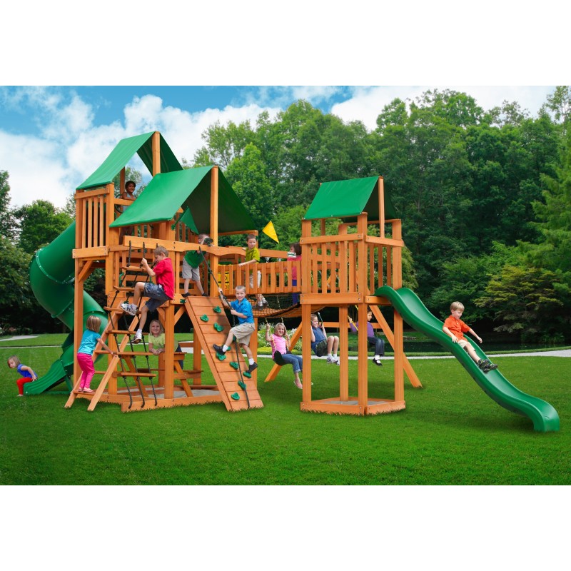 Gorilla Treasure Trove Cedar Wood Swing Set Kit w/ Amber Posts and Deluxe Green Vinyl Canopy - Amber (01-1021-AP-1)