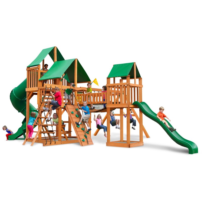 Gorilla Treasure Trove Cedar Wood Swing Set Kit w/ Amber Posts and Deluxe Green Vinyl Canopy - Amber (01-1021-AP-1)