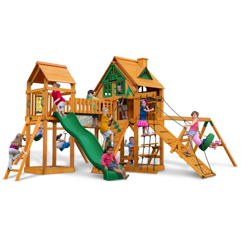 Gorilla Pioneer Peak Treehouse Cedar Wood Swing Set Kit w/ Fort Add-On &  w/ Amber Posts - Amber (01-0070-AP)