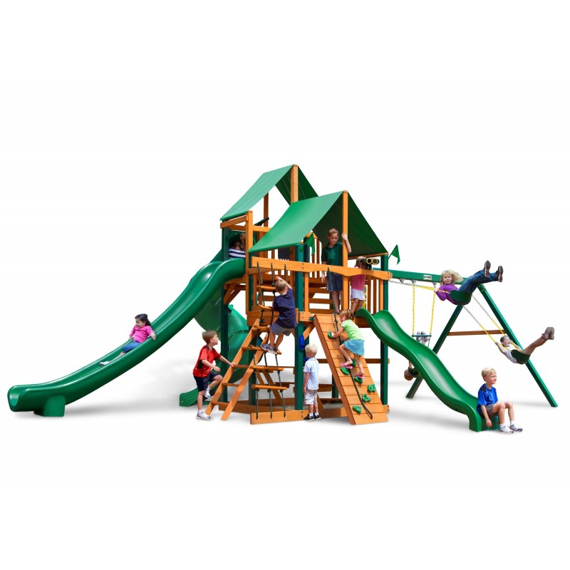 Gorilla Pioneer Peak Cedar Wood Swing Set KIt  w/ Amber Posts and SunbrellaÂ® Canvas Forest Green Canopy - Amber (01-0006-AP-2)