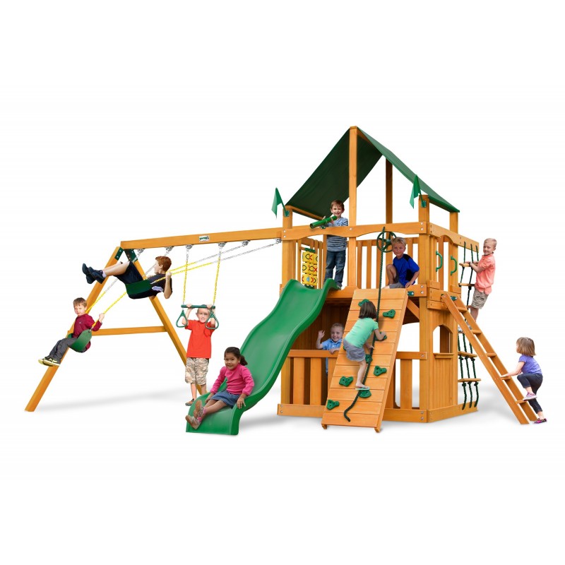 Gorilla Chateau Clubhouse Swing Set w/ Amber Posts and and SunbrellaÂ® Canvas Forest Green Canopy - Amber (01-0035-AP-2)