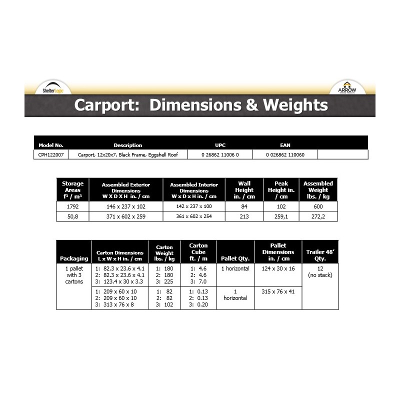 Arrow Steel 12x20x7 Carport Kit (CPH122007)