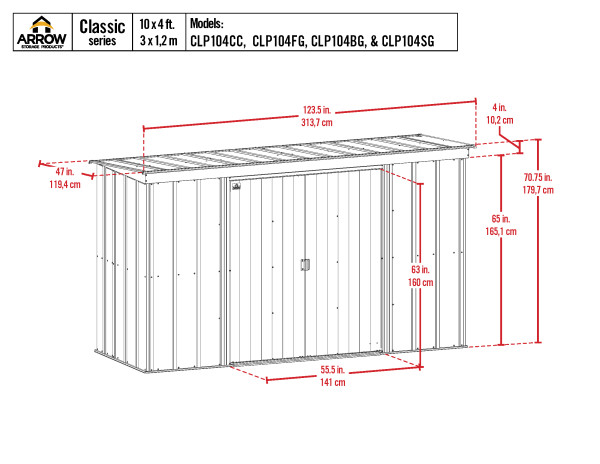 Arrow Classic 10x4 Steel Storage Shed Kit - Charcoal (CLP104CC) Schematic Dimensions of the shed