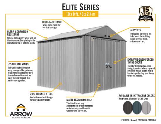 Arrow Elite Steel 10x8 Storage Shed Kit - Cool Grey (EG108CG) Infographic of the 10x8 Elite Shed 