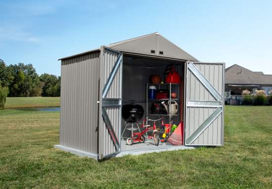 Arrow 8x6 Elite Steel Storage Shed Kit - Cool Grey (EG86CG) This shed helps you to organize your tools and equioment. 