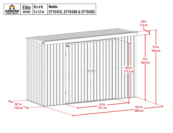 Arrow 10x4 Elite Steel Storage Shed Kit - Cool Grey (EP104CG) Dimensions of the 10x4 Elite Shed