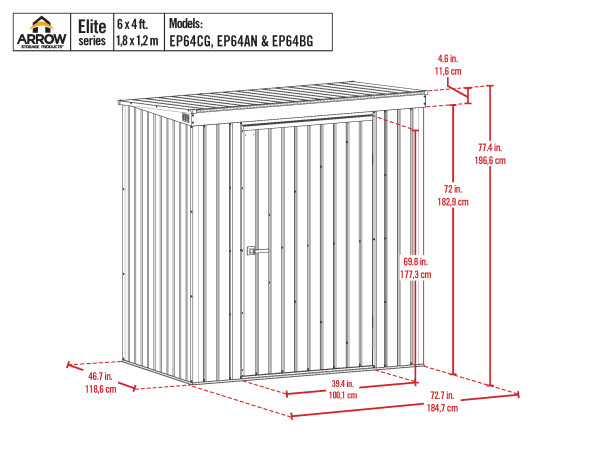 Arrow 6x4 Elite Steel Storage Shed Kit - Cool Grey (EP64CG) Dimensions of the 10x4 Elite Shed