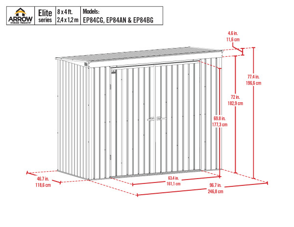 Arrow 8x4 Elite Steel Storage Shed Kit - Anthracite (EP84AN) Dimensions of the 10x4 Elite Shed