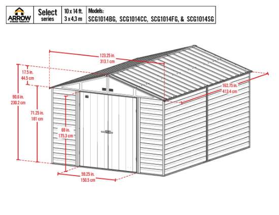 Arrow Select 10x14 Steel Storage Shed Kit - Sage Green (SCG1014SG)  Schematic Dimensions of the Shed 