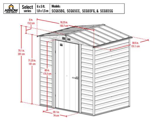 Arrow Select 6x5 Steel Storage Shed Kit - Flute Grey (SCG65FG) Dimensions of the 6x5 Select Shed. 