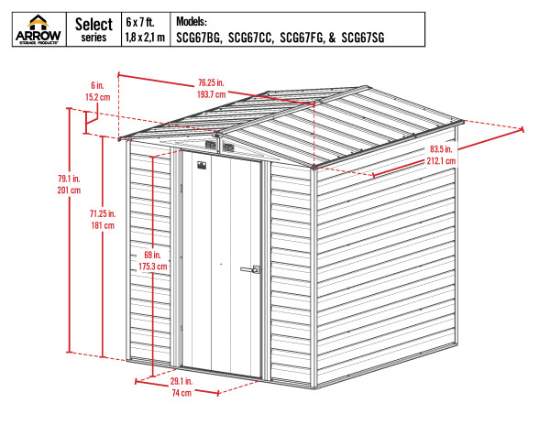 Arrow Select 6x7 Steel Storage Shed Kit - Flute Grey (SCG67BG) Dimensions of the 6x7 Select Shed. 
