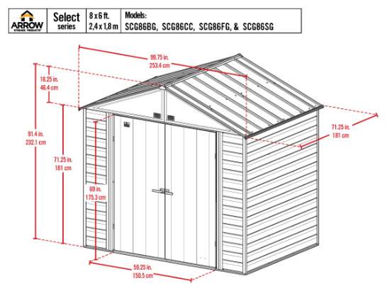 Arrow Select 8x6 Steel Storage Shed Kit - Sage Green (SCG86SG) Dimensions of the 8x6 Select Shed. 