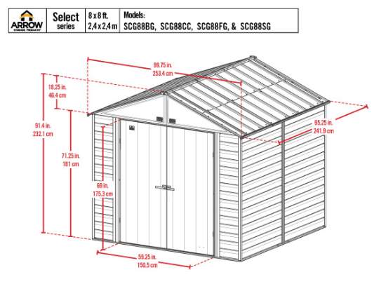 Arrow Select 8x8 Steel Storage Shed Kit - Flute Grey (SCG88FG) Dimensions of the 8x8 Select Shed. 