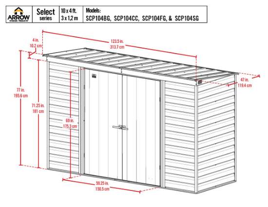 Arrow Select 10x4 Steel Storage Shed Kit - Blue Grey (SCP104BG) Dimensions of the 10x4 Select Shed. 