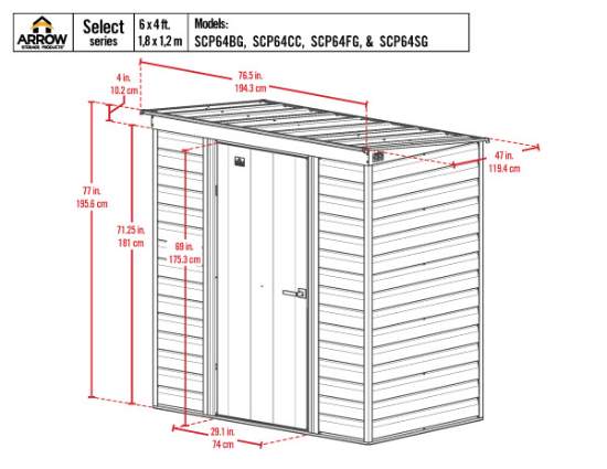 Arrow Select 6x4 Steel Storage Shed Kit - Charcoal (SCP64CC) Dimensions of the 6x4 Select Shed. 