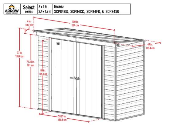 Arrow Select 8x4 Steel Storage Shed Kit - Blue Grey (SCP84BG) Dimensions of the 8x4 Select Shed. 