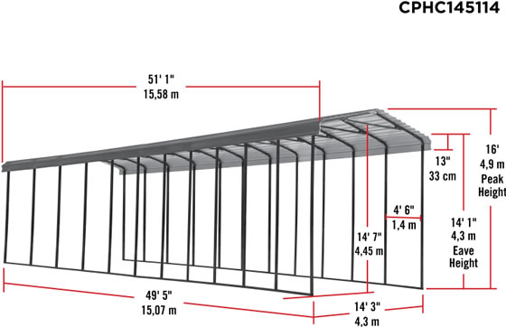 Arrow 14x51x14 Steel Carport Measurements Diagram