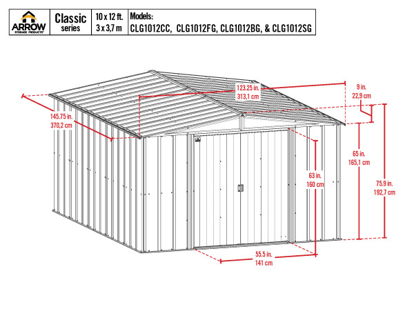 Arrow Classic 10x12 Steel Storage Shed Kit - Charcoal (CLG1012CC) Schematic Dimensions of the Shed 