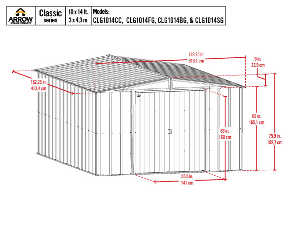 Arrow Classic 10x14 Steel Storage Shed Kit - Blue Grey (CLG1014BG) Schematic Dimensions of the Shed 
