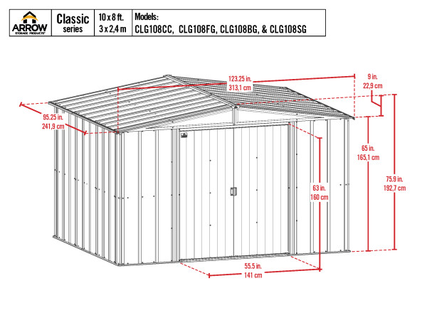 Arrow Classic 10x8 Steel Storage Shed Kit - Sage Green (CLG108SG) Schematic Dimensions of the Shed 