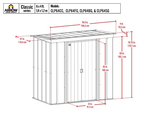 Arrow Classic 6x4 Steel Storage Shed Kit - Flute Grey (CLP64FG) Schematic Dimensions of the shed.