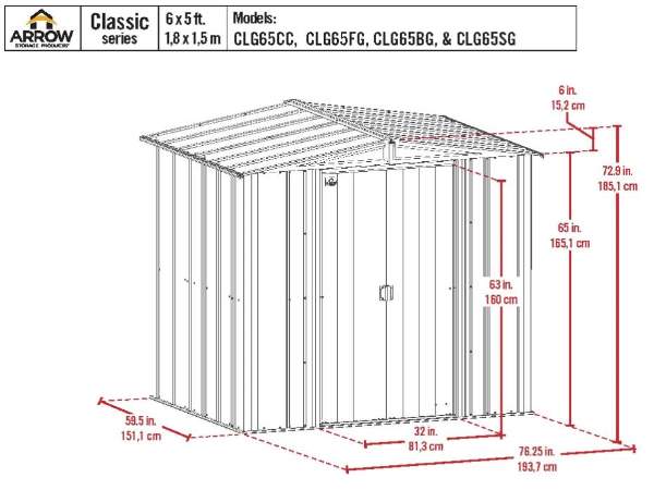 Arrow Classic 6x5 Steel Storage Shed Kit - Flute Grey (CLG65FG) Schematic Dimensions of the Shed 