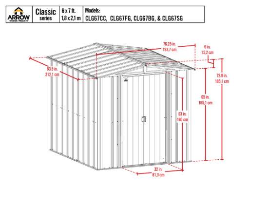 Arrow Classic 6x7 Steel Storage Shed Kit - Blue Grey (CLG67BG) Schematic Dimensions of the Shed 